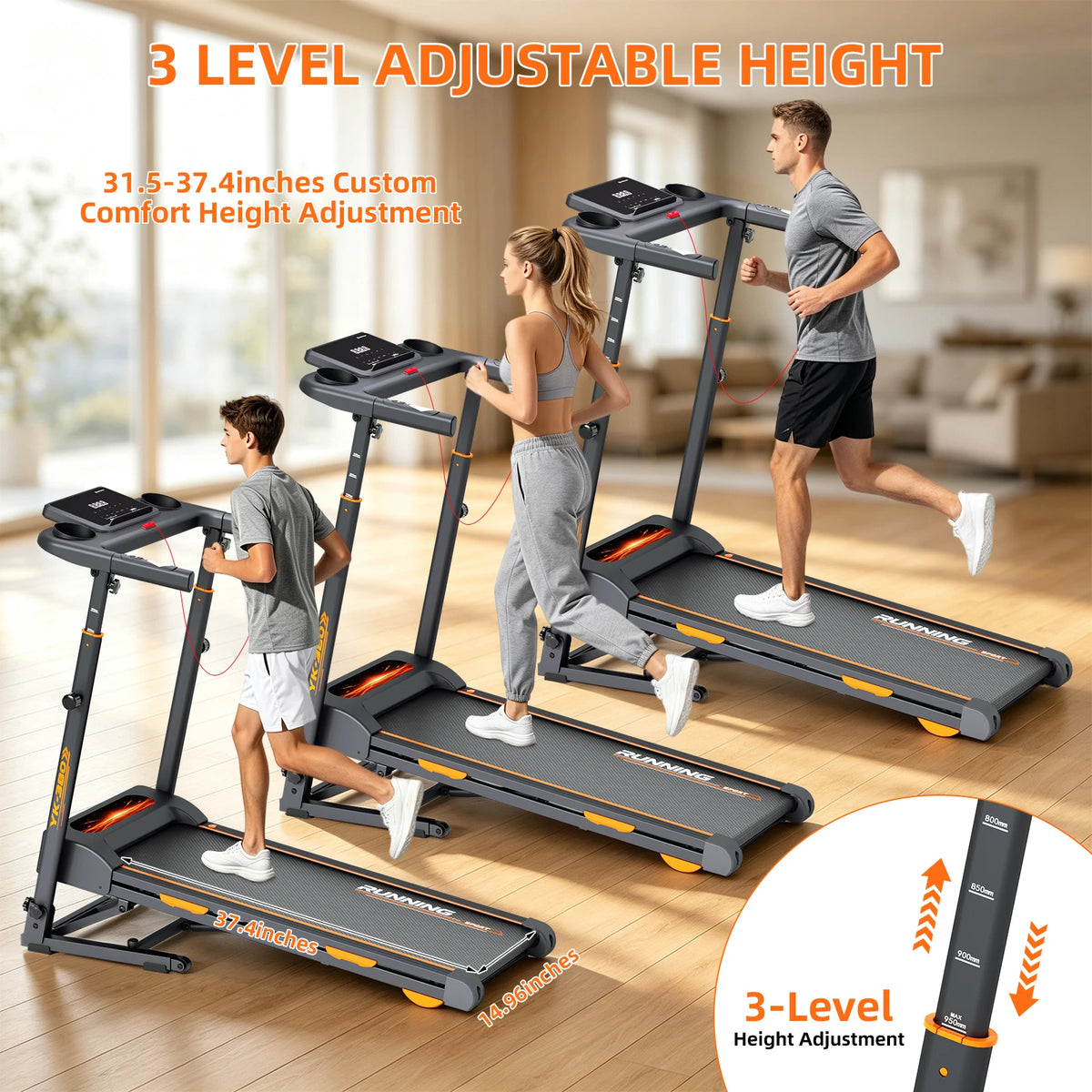 Home Treadmill with 15% Auto Incline, 3-Level Adjustable Height,Speaker, Heart Rate Monitor, Shock Absorption, LED Display, Cup Holder, 300 LBS Capacity, 12 HIIT Modes