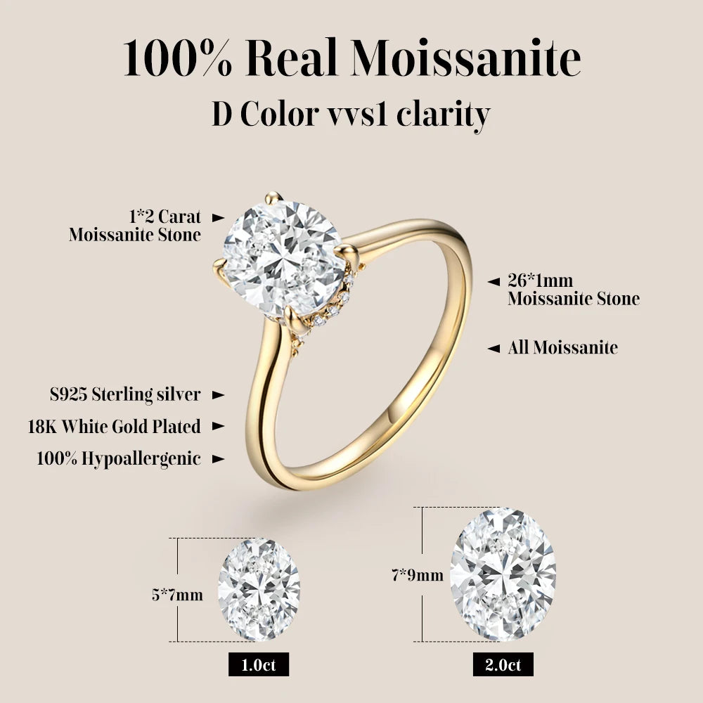 Oval cut 9*7mm2CT DVVS Moissanite Ring 925 Sterling Silver for Women Wedding Jewelry High Quality