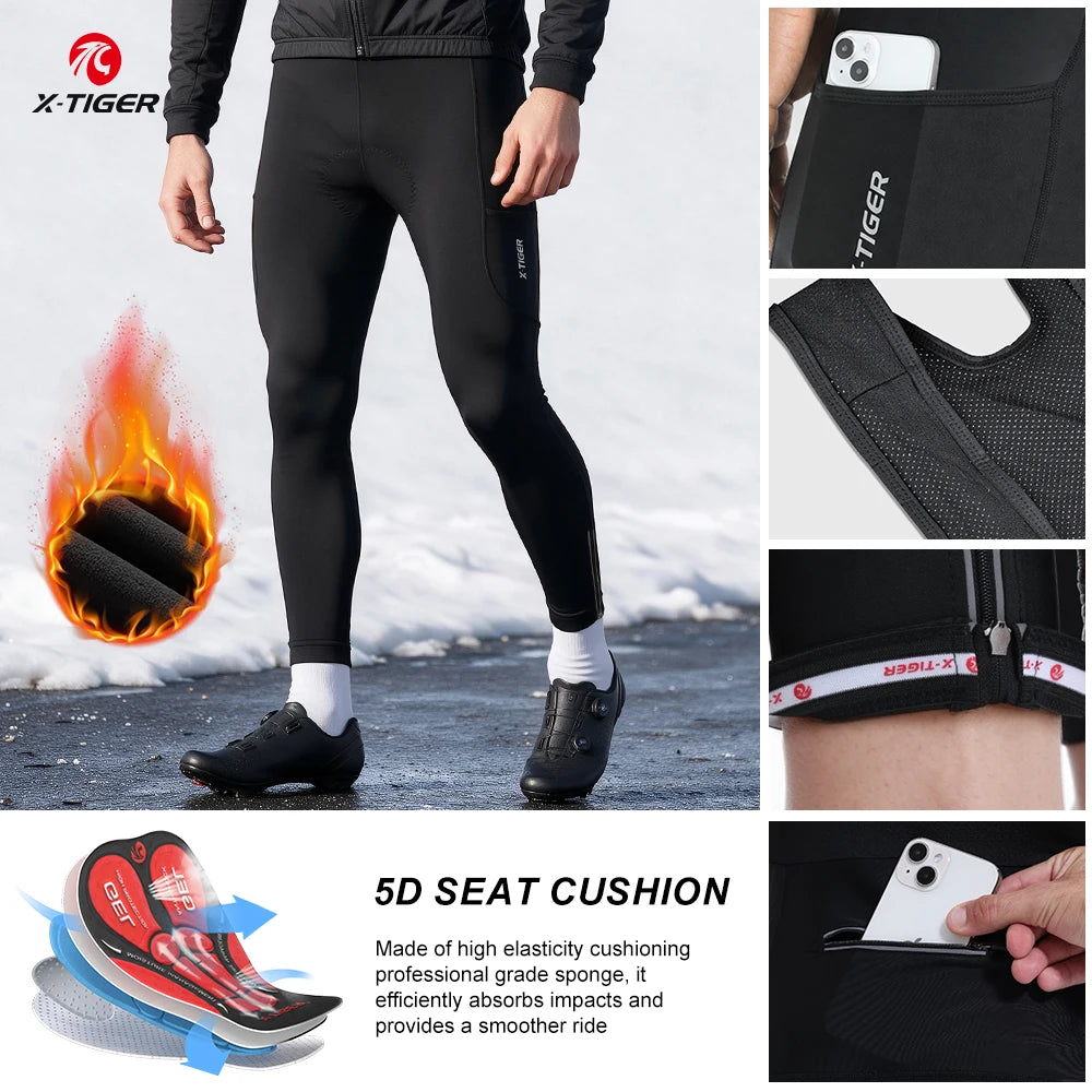 X-TIGER Men Winter Cycling Bib Tights 5D Gel Pad Cushion Bike Cycling Trousers 3 Pockets Windproof Thermal for Road MTB Long Riding Pants