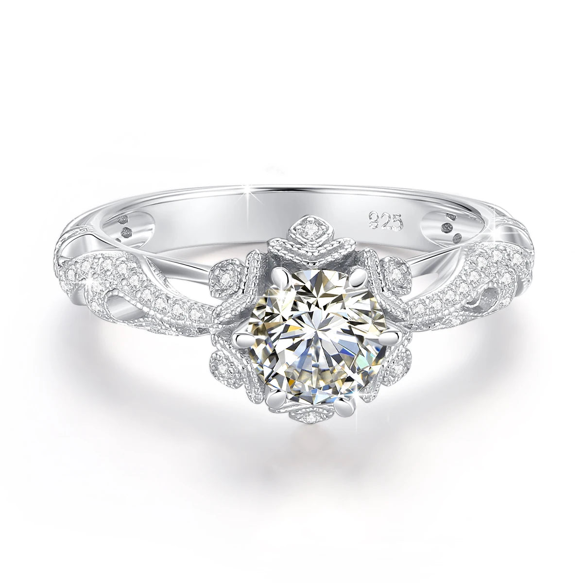  Vintage Victorian Filigree 18K Gold Plated Ring For Women Round Cut Moissanite Halo Engagement Wedding Band Fine Jewelry