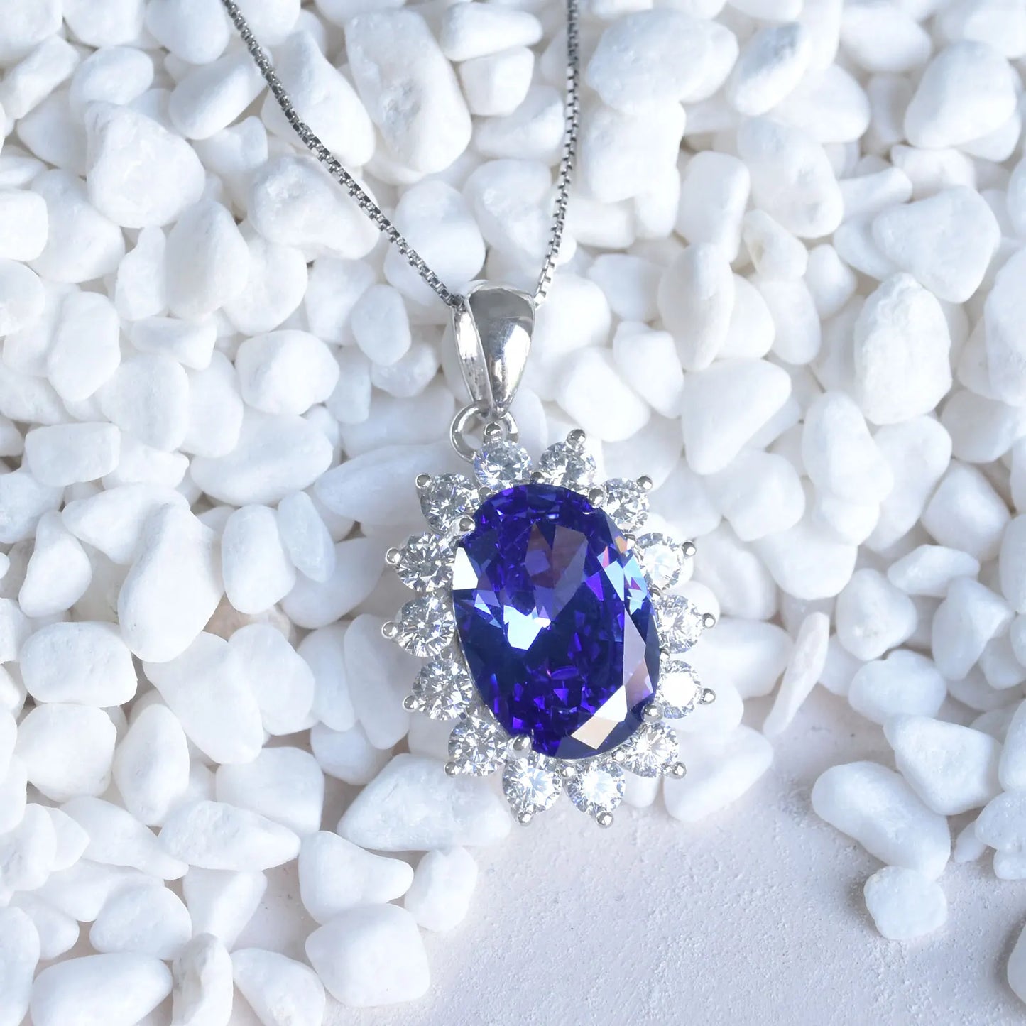 6.4 Ct Oval Shape Blue AAAAA Zircon Pendant Solid 925 Sterling Silver 18 Inches Chain Necklace for Women