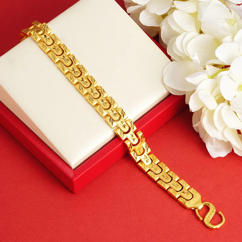 Unisex 24K Gold (AU999) Starry Sky Bracelet | Matte Gold Star Links with Micro-Diamond Accents, Interlocking Couple Design