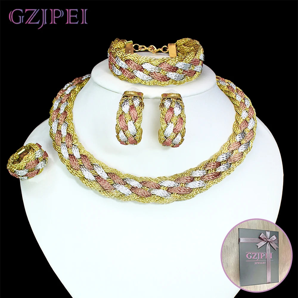 Handmade Tri Color Braided Jewelry Set 4Pcs Bohemia Boho Women Woven Twis Necklace Earrings Bracelet Ring Jewelry Gift
