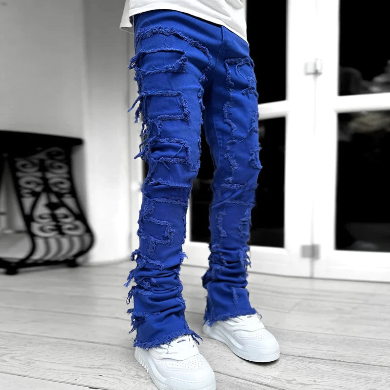 New European and American Heavyweight Streetwise Stretch Patch Jeans for Men, High Street Straight Fit Long Jeans