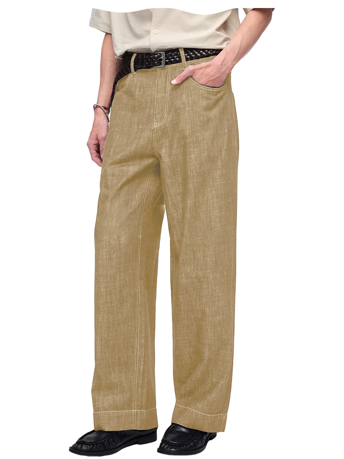 Retro Men's High Waist Wide Leg Jeans Loose Fit Denim Pants Breathable Casual Stretchy Heavyweight Cotton Y2K Baggy Trousers