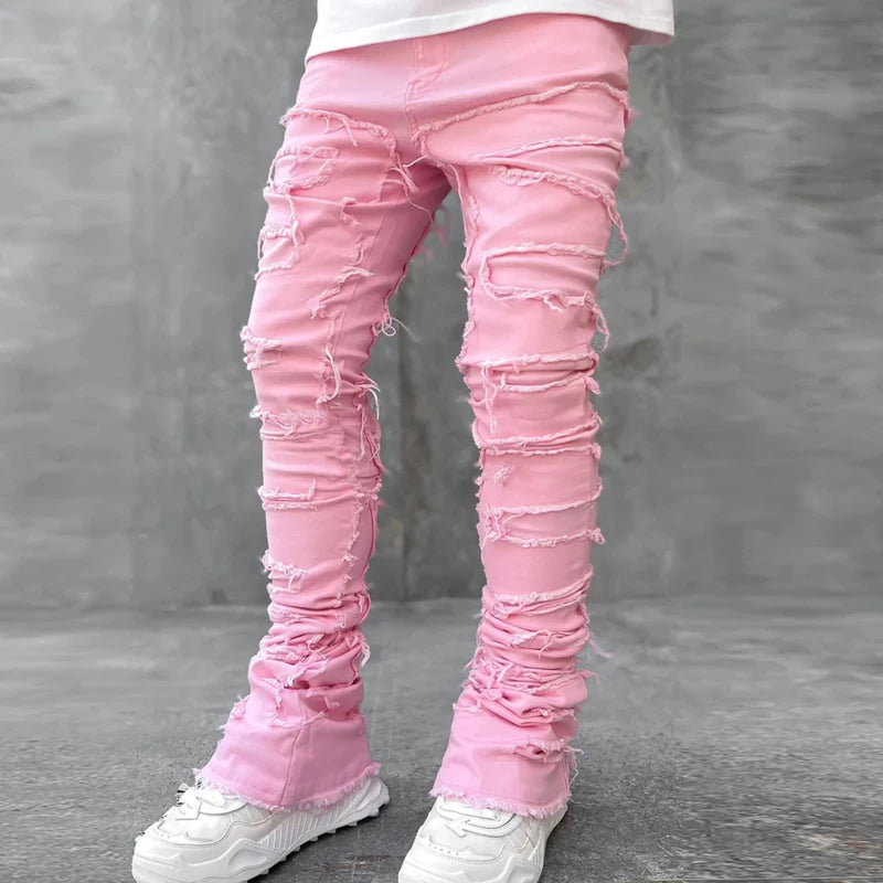New European and American Heavyweight Streetwise Stretch Patch Jeans for Men, High Street Straight Fit Long Jeans