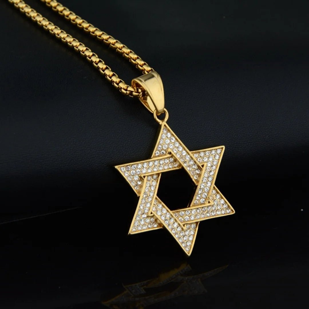 Hiphop Tennis Star of David Pendant Gold Silver Color Stainless Steel Zirconia Hexagram Necklace for Woman Man Religious Jewelry
