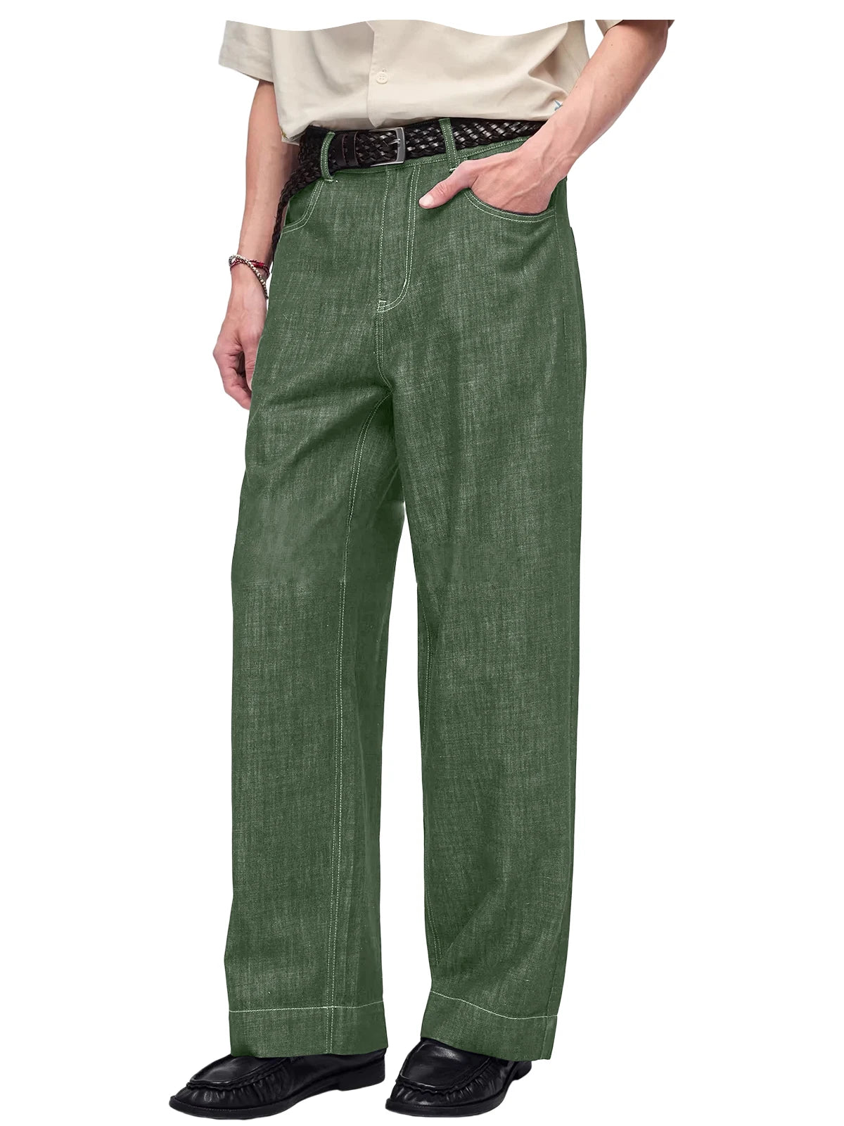 Retro Men's High Waist Wide Leg Jeans Loose Fit Denim Pants Breathable Casual Stretchy Heavyweight Cotton Y2K Baggy Trousers