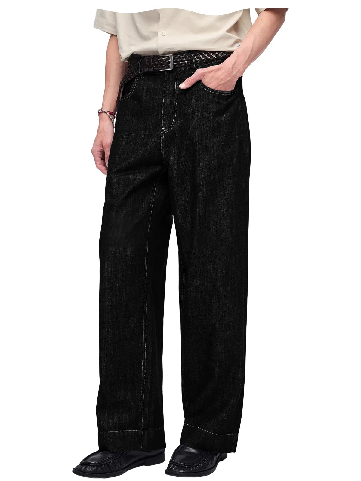Retro Men's High Waist Wide Leg Jeans Loose Fit Denim Pants Breathable Casual Stretchy Heavyweight Cotton Y2K Baggy Trousers