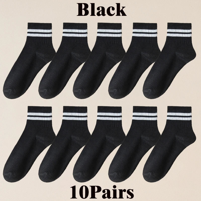10/20/30 Pairs Men Women Striped Socks Cotton Round Neck Breathable Odor Proof Sweat Absorb Casual White Black Socks All-Season