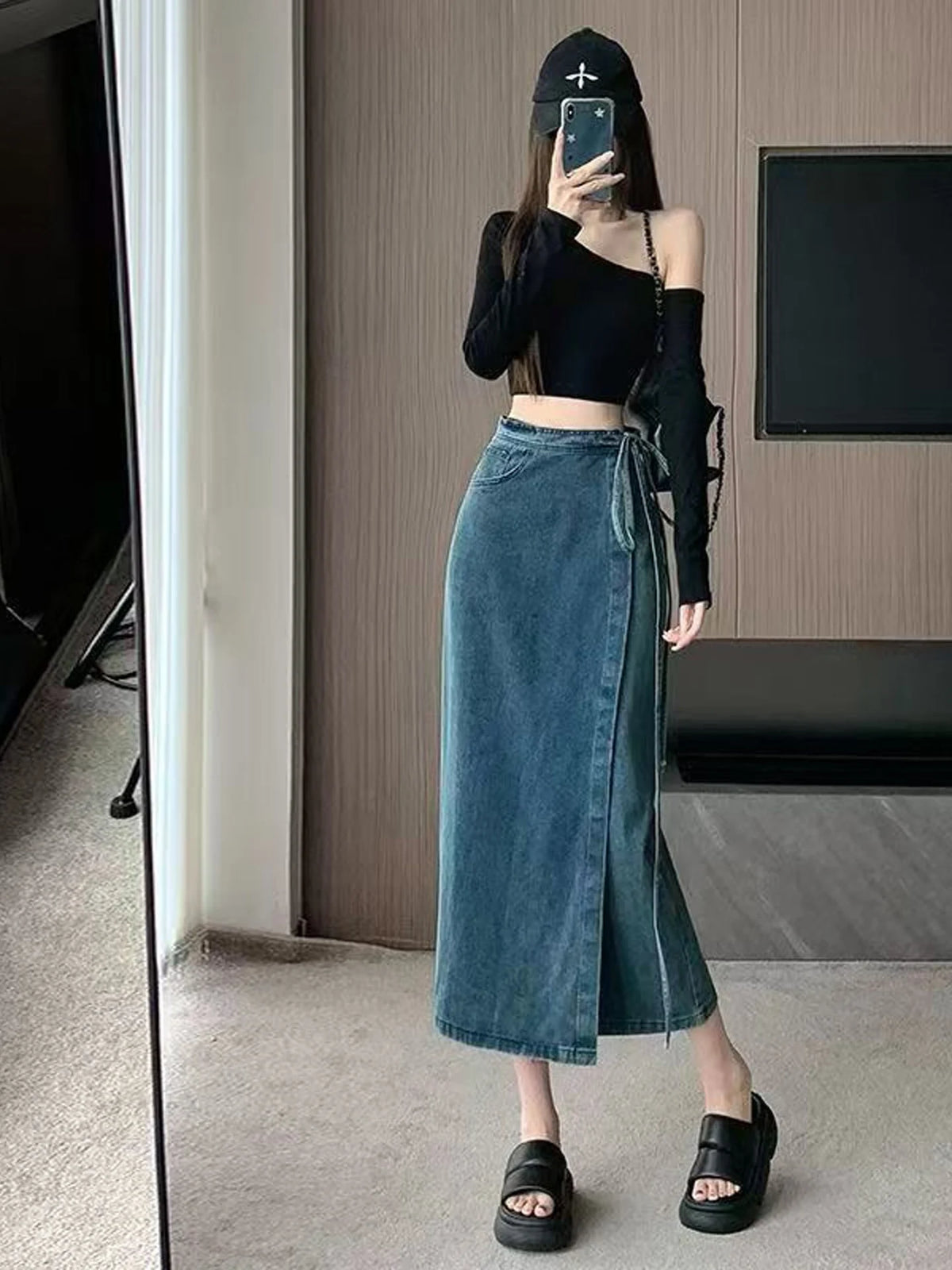 American Retro High Waist Denim  Skirt Women's Fashion Design Loose Slimming Long Split Skirt Casual High Waist Denim Skirt