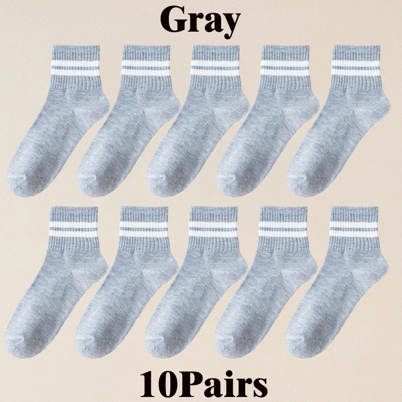 10/20/30 Pairs Men Women Striped Socks Cotton Round Neck Breathable Odor Proof Sweat Absorb Casual White Black Socks All-Season
