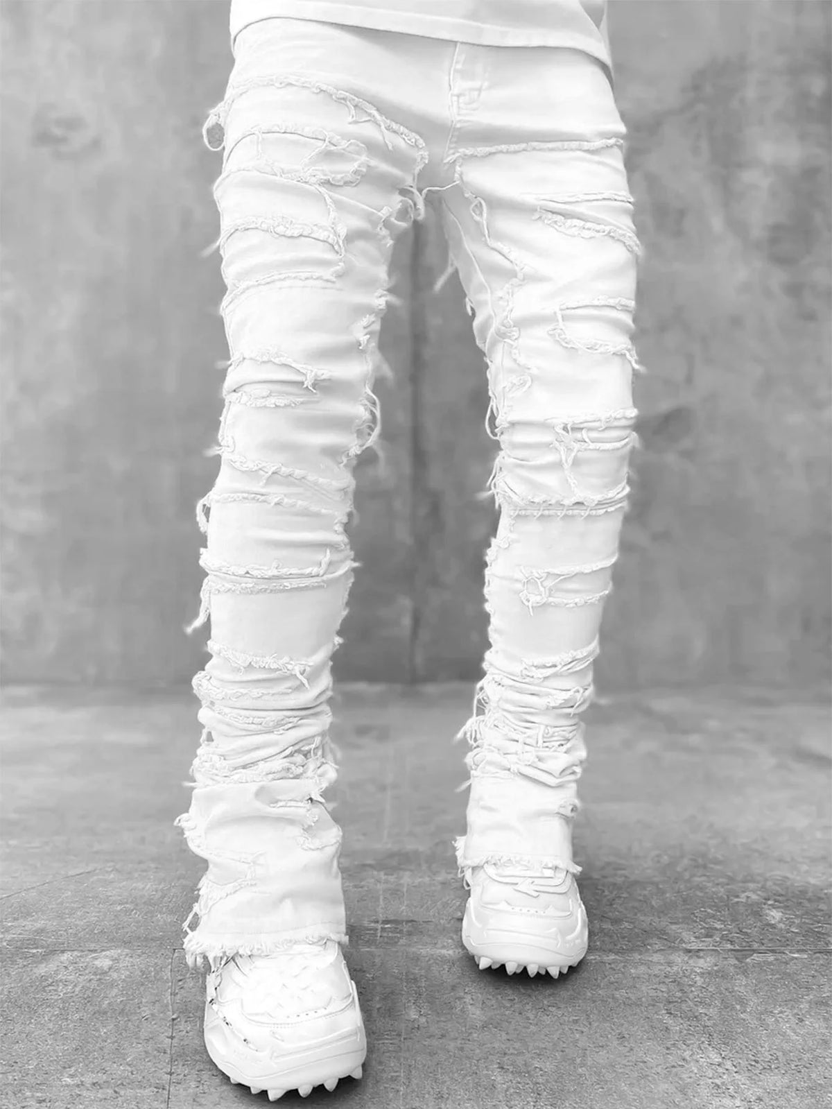 New European and American Heavyweight Streetwise Stretch Patch Jeans for Men, High Street Straight Fit Long Jeans