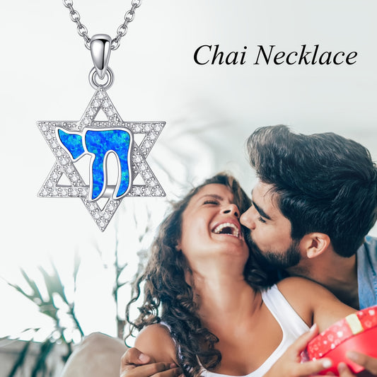 Hebrew Chai Necklace 925 Sterling Silver Opal Chai Star Of David Pendant Jewelry Gifts For Women