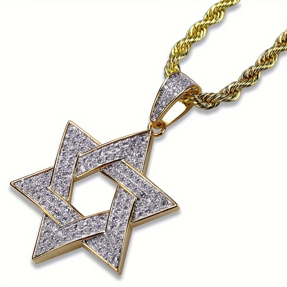 Men's 18K Gold Plated Plated Hexagram Star Necklace - Hollow Copper Star Pendant with Synthetic Cubic Synthetic Zirconia, Durable Unisex Jewelry for Casual Attire & Special Occasions
