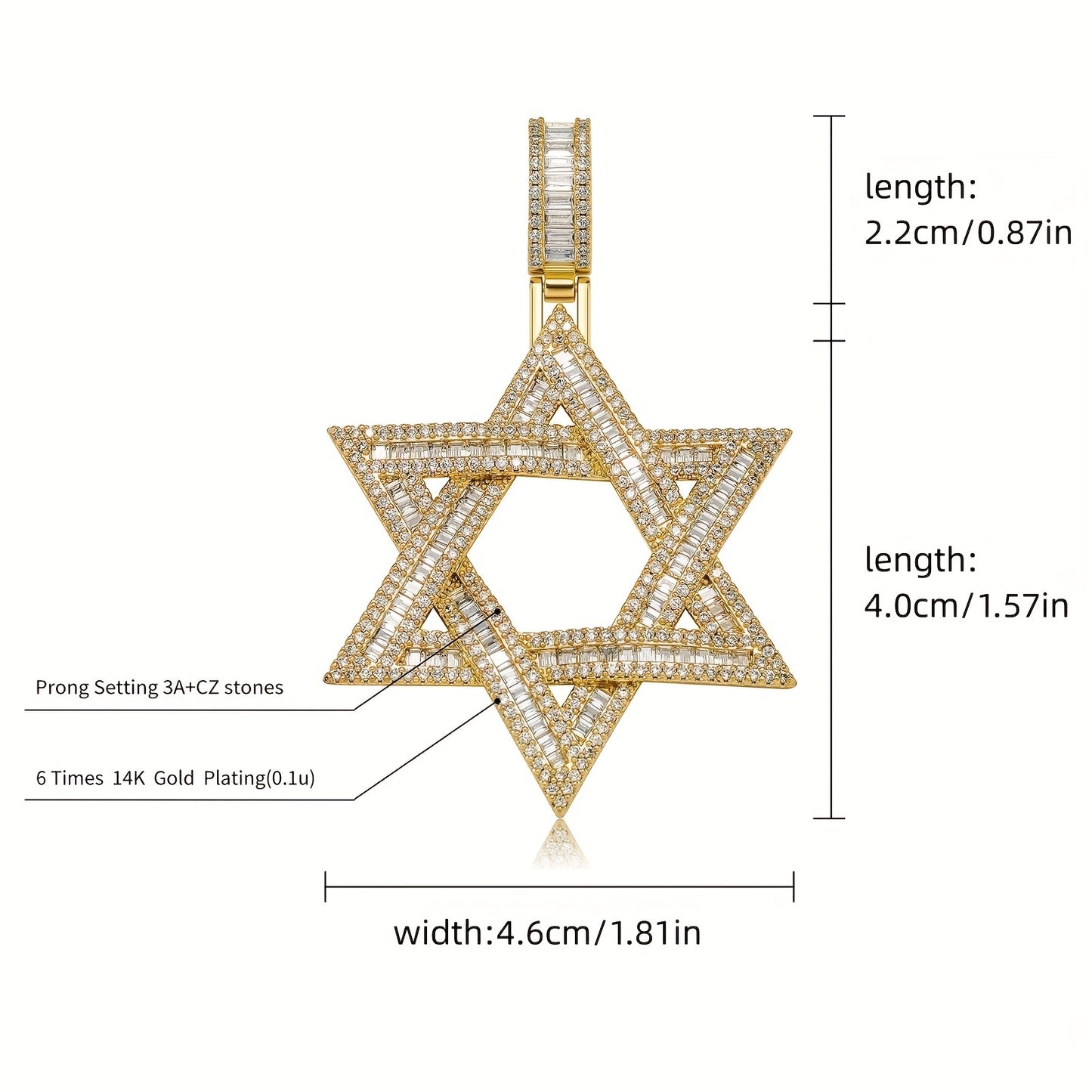 1pc 14K Gold Plated Golden-Plated Star of David Pendant Necklace with Sparkling Cubic Synthetic Zirconia - 24in Rope Chain, Unisex Casual Jewelry for Weddings, Daily Wear & Holiday Gifts (Valentine's Day, Mother's Day, Ramada